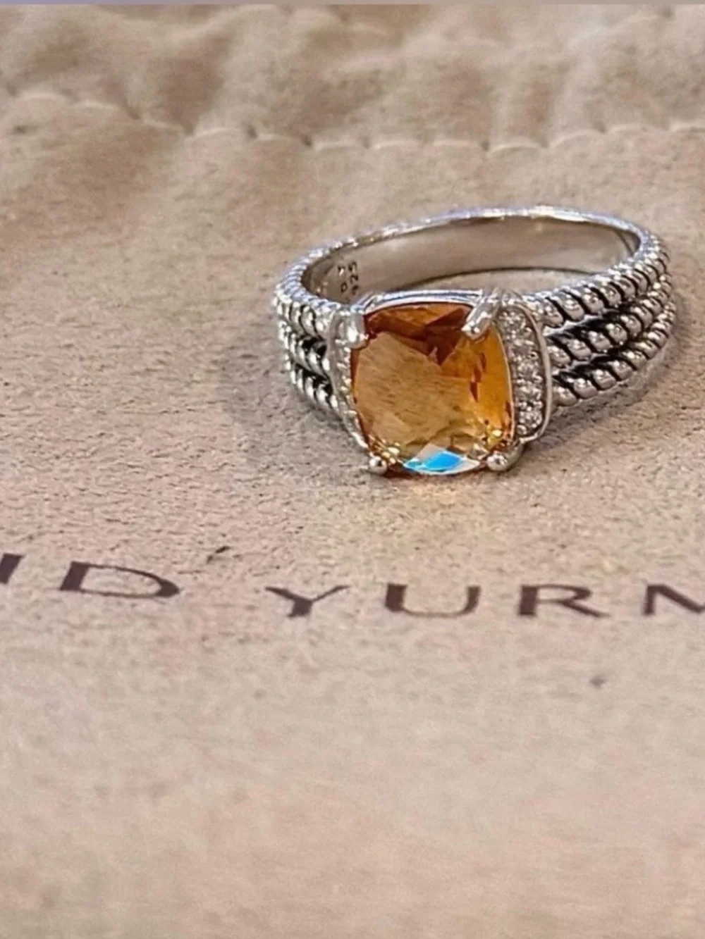 David Yurman Sterling Silver Citrine & Diamond Wheaton Ring Size 8
